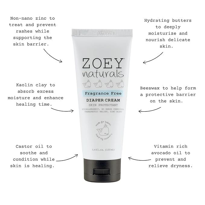Zoey Naturals Baby Diaper Cream - Pediatrician & Dermatologist Approved - Zinc Oxide & Kaolin Clay Rash Protectant for Soothing Relief & Healing - Mom's Choice Award Winner - Fragrance Free 3.4 oz