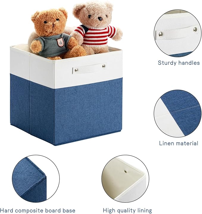 13 x 13 Inch Fine Linen Storage Bins with Handles，Fabric Cube Boxs，Basket Organizers for Shelves for Home, Closet Drawers (White/Blue-6 Pack)