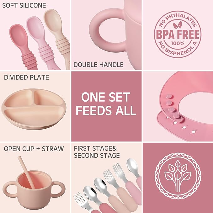 24 Pack Silicone Baby Feeding Set Baby LED Weaning Supplies Includes Suction Divided Plates Soft Bowl Spoons Forks Adjustable Bib Snack Cup and Straws(Dark Pink, Dusty Pink, Peach Color)