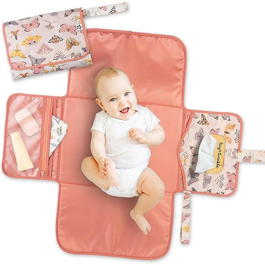 Tiny Twinkle Portable Diaper Changing Pad | Waterproof, Wipeable & Compact Baby Changing Pad for Travel | Smart Wipes Pocket & Organized Storage| Newborn Shower Gift (Flutter)