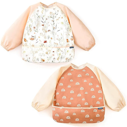 GRSSDER 2 Pack Long Sleeve Baby Feeding Bibs, Super Soft Lightweight Waterproof Coverall Baby Led Weaning Bib with Large Food Catcher Pocket, Adjustable and Easy Clean for 6-30 Months