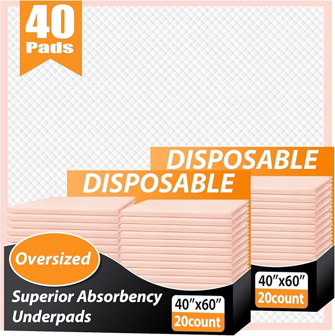 MKISS Tear-Resistant Oversized Bed Pads 40" x 60"(40 Counts), Heavy Duty Ultra Absorbent Underpads, Chucks Pads Disposable for Adults, Children, Babies, Elderly and Pets