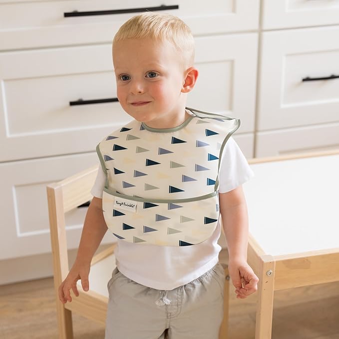 Tiny Twinkle Mess-Proof Baby Bibs for Eating | Waterproof, Wipeable Toddler Bibs with Catch-All Pocket | Feeding Bibs for Girls & Boys(3 Pack,Vintage Cars,Varsity Flags)