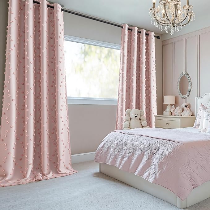 MYSKY HOME 100% Blackout Curtains for Girls Bedroom 95 Inch Long Total Room Darkening Curtain for Living Room 2 Panels Grommet Light Blocking Sliding Door Drapes Blush Pink Pom Pom Sheer 52 x 95 Inch