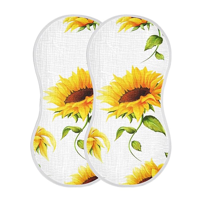 WELLDAY Muslin Baby Burp Cloths Set of 2, Soft Absorbent Big Sunflower Muslin Washcloths, Bibs, Face Towel for Newborn Boys Girls, 22 x 11 Inch