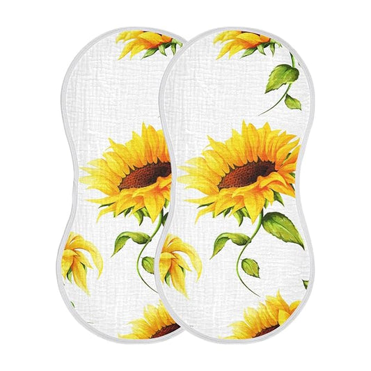 WELLDAY Muslin Baby Burp Cloths Set of 2, Soft Absorbent Big Sunflower Muslin Washcloths, Bibs, Face Towel for Newborn Boys Girls, 22 x 11 Inch
