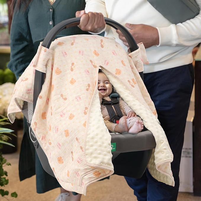 2-in-1 Baby Car Seat Cover, Baby Car Seat Canopy, Mom Nursing Cover，Easy to Install Shield，Multi-Purpose | Winter Warm & Summer Shade Use (Light Pink)
