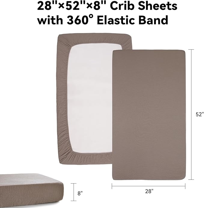 TILLYOU 2 Pack Muslin Crib Sheets for Boys and Girls, 100% Cotton Fitted Crib Sheet for Toddler 52x28 Standard Crib Mattress, Grey Brown and Light Brown
