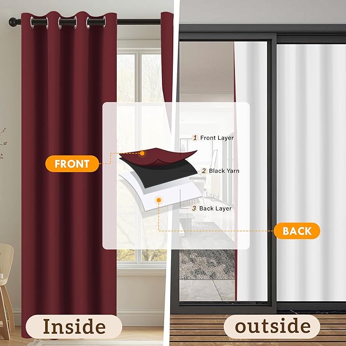 100% Blackout Curtains 72 Inch Length for Bedroom Living Room, Grommet Thermal Insulated Room Darkening Drapes, Light Blocking Window Treatment Decor, 2 Panels, 37x72, Burgundy Red