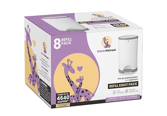 BabiesRefresh Refills Compatible with DEKOR PLUS Diaper Pail Refills | 8 Pack | Diaper Pail Odor Eliminator| Fresh Powder Scent | Each Diaper Bag Refill Holds up to 4640 Diapers | Diaper bin refill