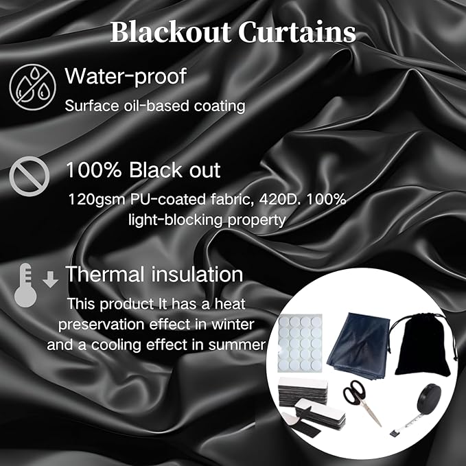 Cayton Blackout Curtains, 79" x 57" Portable Blackout Curtains DIY Window Blinds Non Perforated Detachable Black Out Insulation for Children's Rooms Bedrooms Travel (Black, 79 * 57 in)