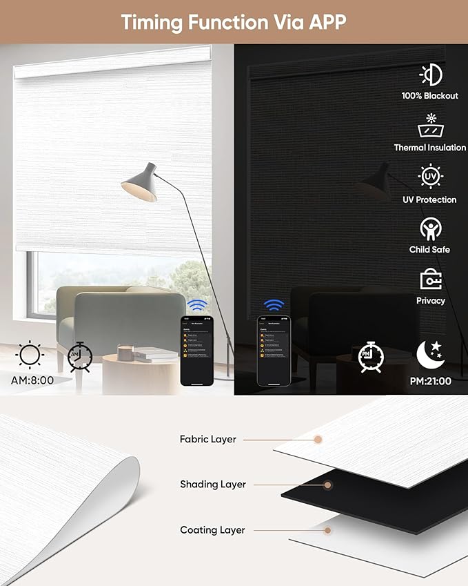 Kincmo Motorized Blinds with Remote,100% Blackout Motorized Roller Shades Work with Apple Homekit,Alexa,Google, Custom Electric Blinds with App,Voice Control (Serene White)