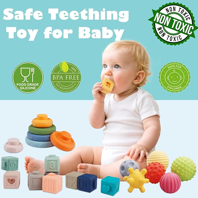 Montessori Toys Soft Stacking Building Blocks Rings Balls Sets 3 in 1 Baby Toys Bundle for Babies Sensory for Toddlers Teething Bath for Infants Learning Education Toy