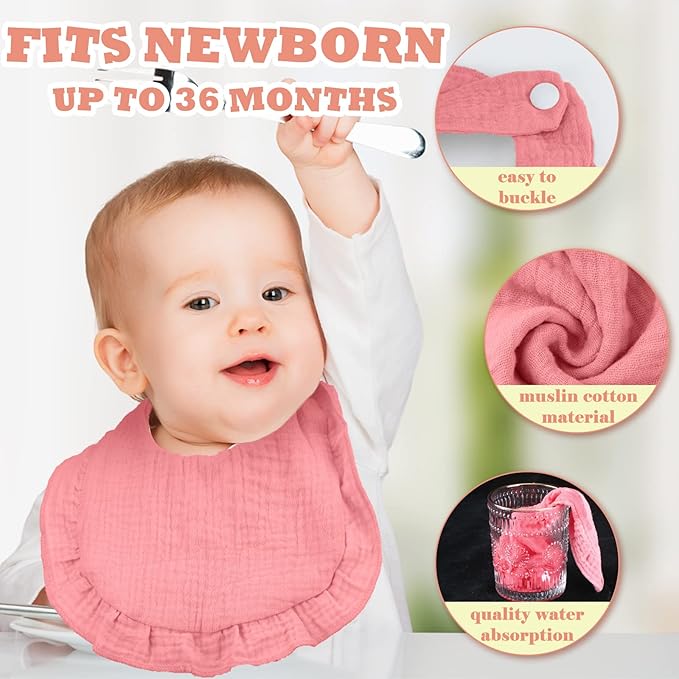 Seematn 10 Pcs Baby Muslin Bibs for Unisex Girls & Boys Drool Bibs Bandana Ruffle Soft Cotton for Newborn Infants Toddlers(Pink)