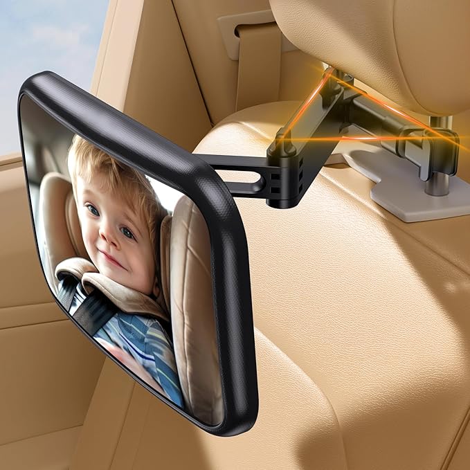 OMOTON Baby Car Mirror, Safety Car Mirror with Retractable Arm & Wide Crystal Rearview for Backseat, 360° Adjustable & Shatterproof, Easy Install Baby Essentials