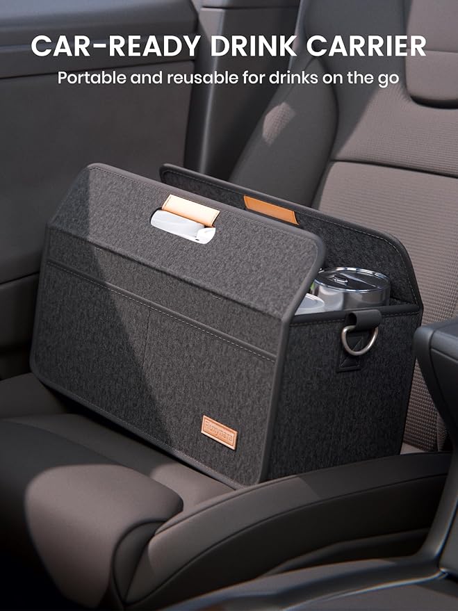 Fluxynara 8-Cup Reusable Felt Drink Carrier with Handle and Adjustable Shoulder Strap, Drink Holder for Car，Multi-Cup Drink Carrier Bag for Delivery, Travel, Picnics (Charcoal Gray)