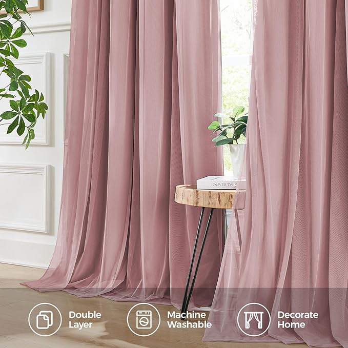 100% Blackout Curtains for Bedroom, Double Layer Pink Curtains, Black Out Curtain 108 inch Long with Sheer Overlay for Living Room, Room Darkening Window Drapes with Grommet, 52" W x 108" L