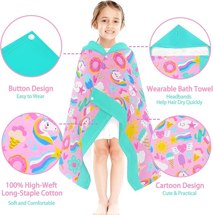 Hooded Towels for Kids- Ultra Soft 100% Cotton Pink Unicorn Toddler Hood Bath Towels/Pool Terry Towel Beach Poncho Wrap Absorbent Cute Bath & Swim Wrap for Boys & Girls 3-10 Years Beach Essentials