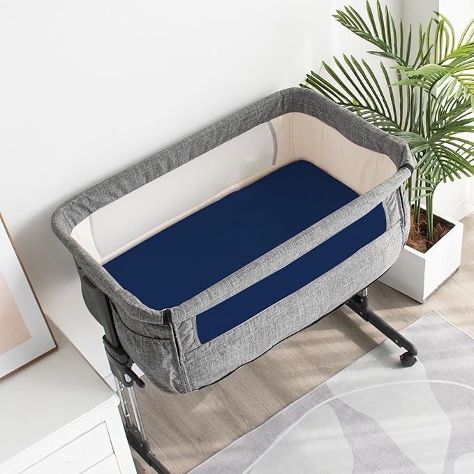 Waterproof Bassinet Sheets Fit for Miclassic, Baby Delight, TCBunny, Milliard, Dream On Me Traveler/Skylar and Other Bedside Sleeper Bassinet Mattress, Ultra Soft Microfiber Sheets, Grey & Navy