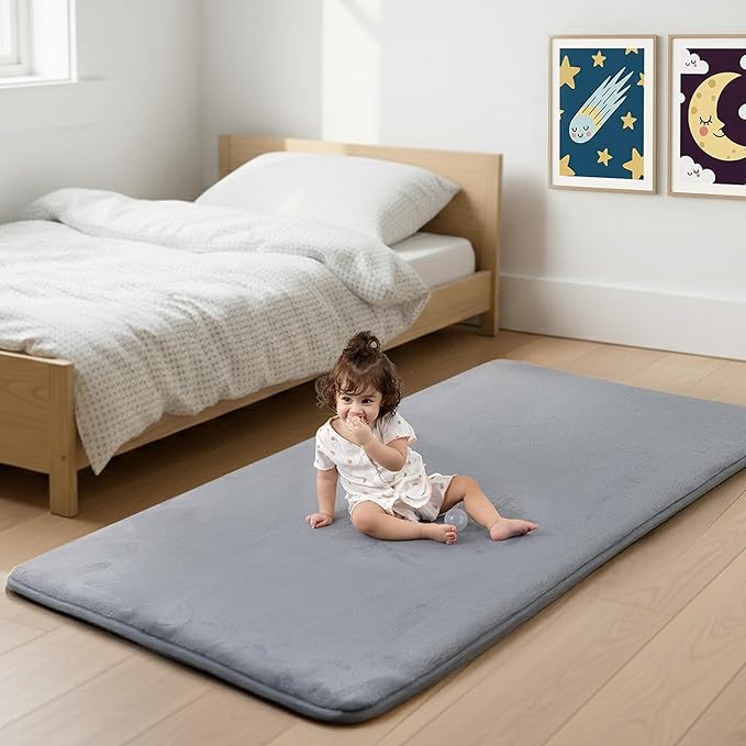 1.3" Thick Baby Bedside Floor Mat for Bedroom, Basic Padded Foam Soft Plush 28x72 Runner Rug with Non Slip Cushioned for Nursery Playroom (Light Grey)