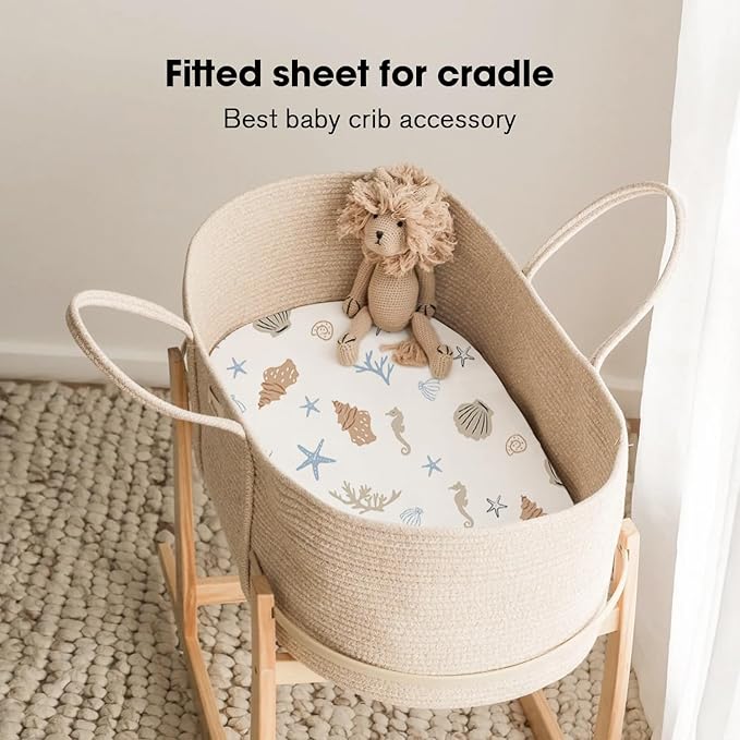 Little Grape Land Bassinet Sheets 4 Pack, 33" x 18" Fitted Bassinet Sheets Up to 4" Deep Pocket, Ultra Soft Baby Bassinet Fitted Sheets for Bassinet Mattress, Ocean Friends