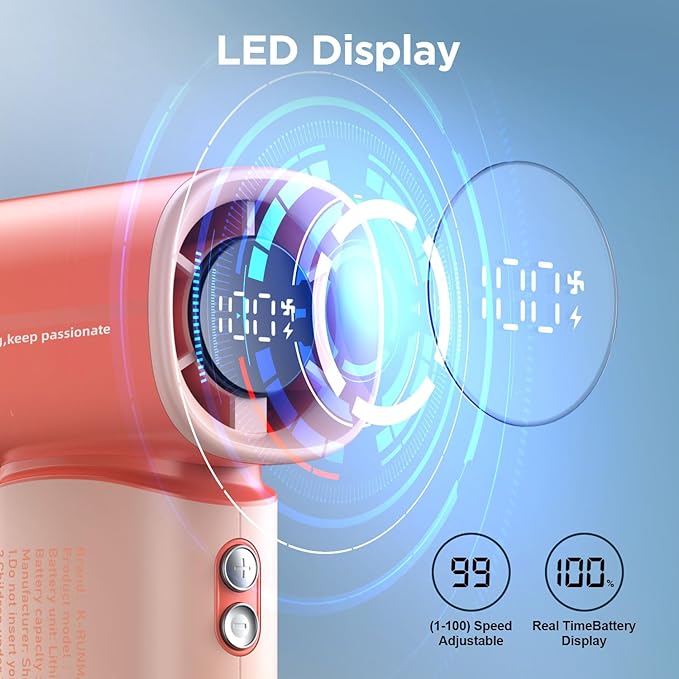 Portable Handheld Turbo Fan,100 Speeds Adjustable Mini Personal Fan, 4000mAh USB Rechargeable Battery Operated, LED Display,Gifts for Women Men Travel/Camping/Outdoor (Pink)