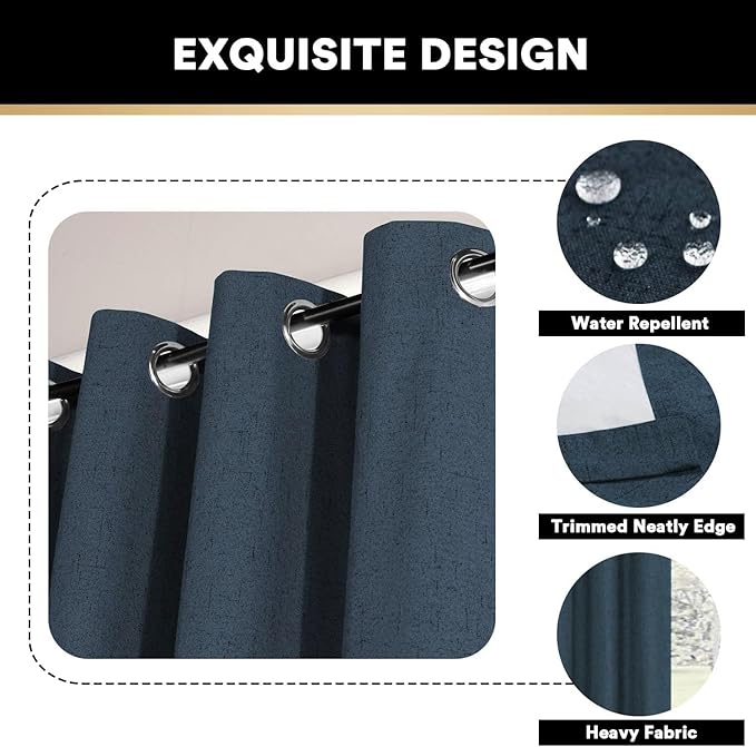 PrinceDeco 100% Blackout Curtains Navy Blue Curtains 63 Inch Length Linen Textured Thermal Insulated Black Out Drapes for Bedroom Living Room,Privacy Protection 2 Panels Set, W52 x L63 Inch