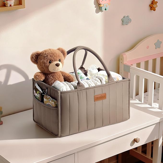 Zooawa Baby Diaper Caddy Organizer, Portable Nursery Storage Basket with Compartments, Handle & Shoulder Strap for Newborn Baby Essentials, Gift for Baby Shower, Nursery, Travel, Car, Mocha Brown