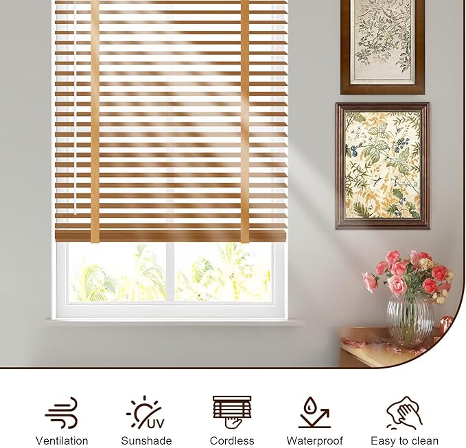 2" Cordless Wood Blinds for Indoor Windows Custom Blackout Blinds Room with Privacy Protection, Cordless Wooden Horizontal Window Shades for Bedroom, Living Room, Office, Bathroom, Kitchen