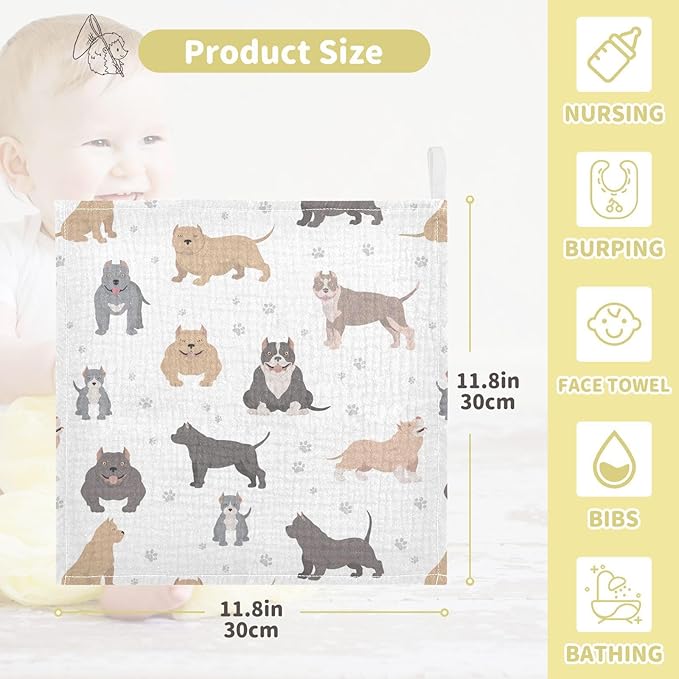 vvfelixl American Bully Dogs Baby Burp Cloths Baby Muslin Washcloths for Boys Girls Cotton Baby Face Towel for Newborn Infants Soft and Absorbent 11.8 X 11.8In, 5 Pack