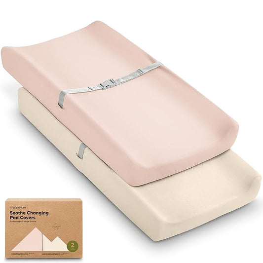 2-Pack Organic Changing Pad Covers for Girl, Boy, Neutral - 100% Cotton Changing Table Pad Cover, Soft Baby Nursery Diaper Changing Pad Sheets, Contour Changing Pads Liners, Change Pad Cover (Cameo)