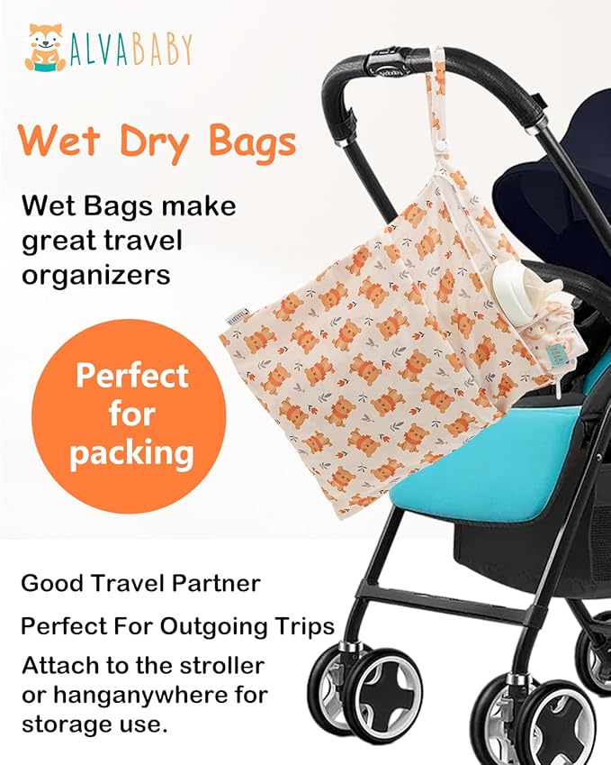 ALVABABY 3pcs Cloth Diaper Wet Dry Bags Waterproof Reusable with Two Zippered Pockets Travel Beach Pool Daycare Soiled Baby Items Yoga Gym Bag for Swimsuits or Wet Clothes 3L-ZM33