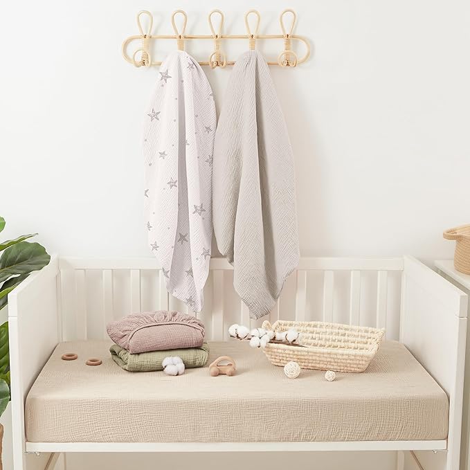 Bearmoss Muslin Mini Crib Sheets for Pack N Play Mattress - 100% Cotton - 38"x26" Soft Breathable Playard Baby Crib Sheets Neutral for Boys Girls - 2 Pack (White Star)