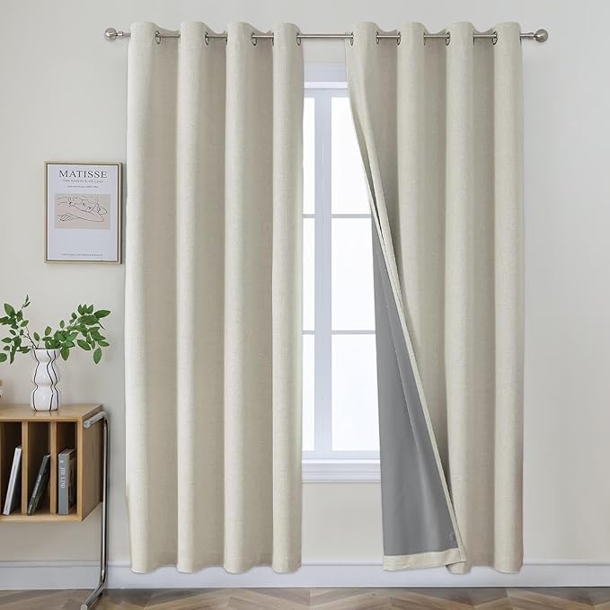 Joydeco Light Beige Black Out Curtains 63 Inch Long 2 Panels Set for Bedroom, 100% Blackout for Living Room, Faux Linen Short Small Textured Grommet Drapes