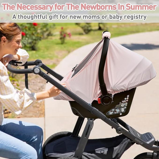 Baby Car Seat Cover,Sunproof Car Seat Canopy for Babies, Extra Large Mesh Window Baby Car Seat Sun Shade Cover, Infant Carseat Covers for Summer/Autumn Use(Pink)
