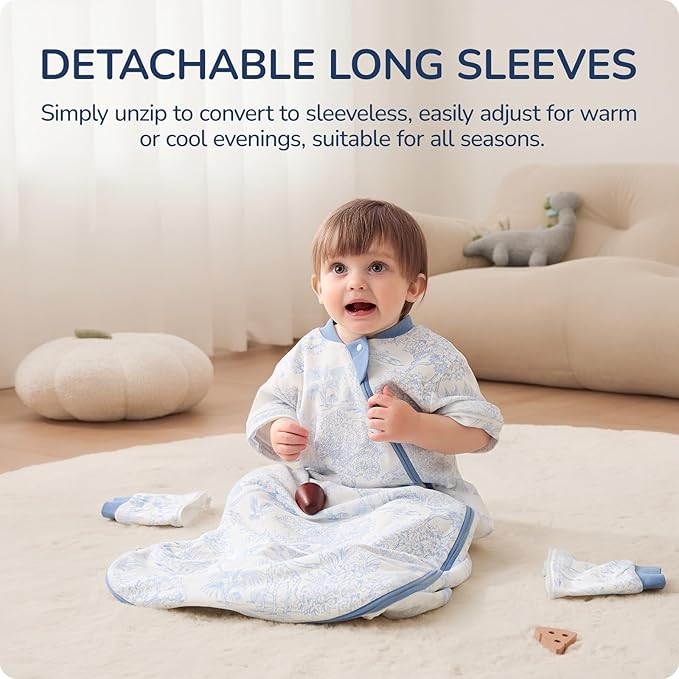 Baby Sleep Sack 12–18 Months, Cotton Sleep Sack with Detachable Long Sleeves, 1.0 TOG Wearable Blanket for Cooler Nights, 2-Way Zipper Toddler Sleeping Sack with Temperature Strip, Forest