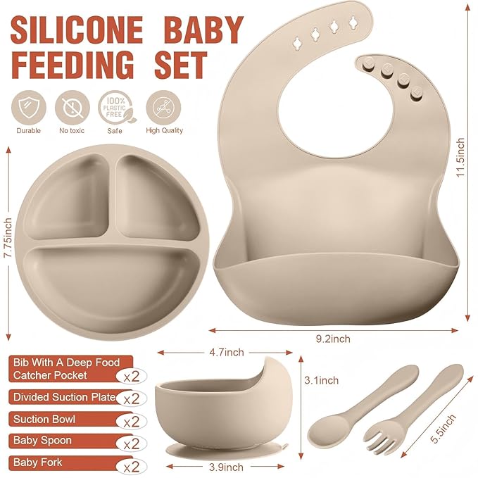 10 Pack Silicone Baby Feeding Set, Toddlers Led Weaning Feeding Supplies with Suction Baby Bowl Divided Plate Adjustable Bib Soft Silicone Spoon Fork, Infant Self Eating Utensil Set (Beige, Orange)
