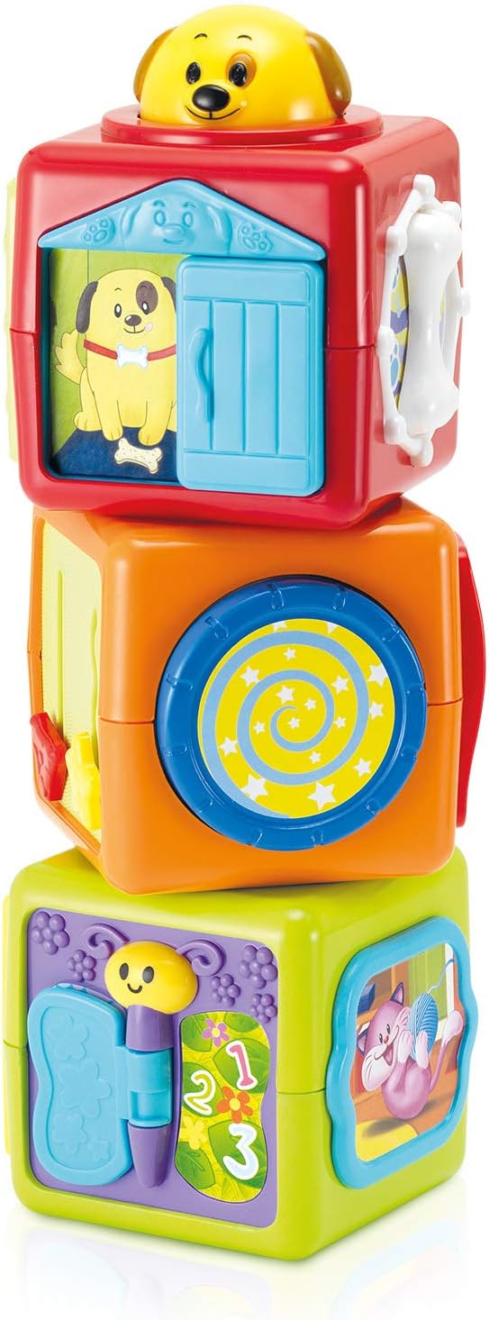 Bambiya Activity Cubes & Stacking Toy Blocks Set of 3 - Baby Blocks for Toddlers w/Animal Theme - Gross & Fine Motor Skills: Slide, Spin, Wiggle, Turn, Stack - Educational 3 Month Old Toys for Babies