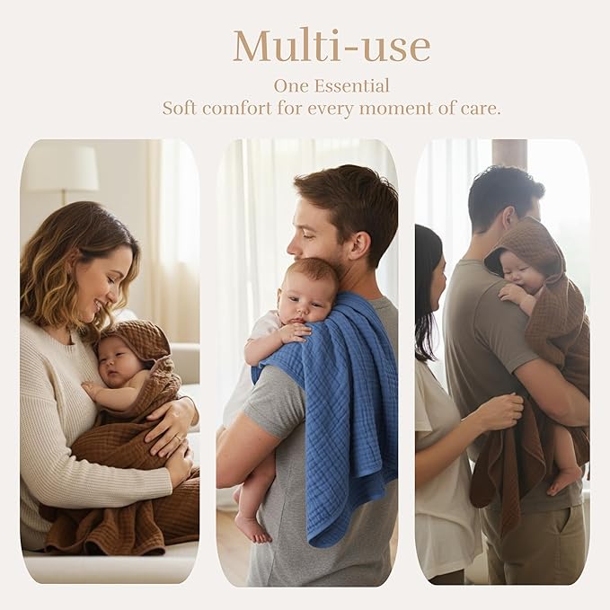 4-Piece Muslin Baby Towel Set - 100% Organic Cotton, (2) 6-Layer 32x32 Towels & (2) Washcloths, Bath, Beach & Pool Gift Set (Coffee & Blue)