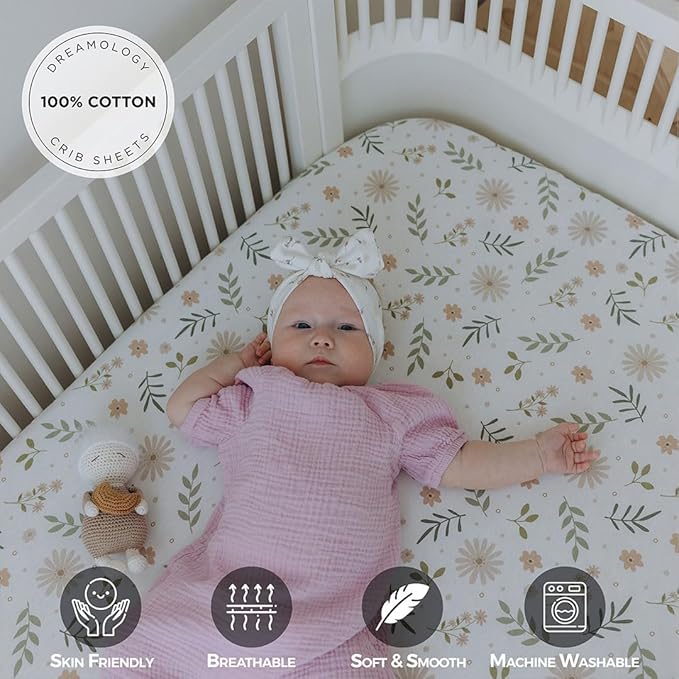 Dreamology Mini Crib Sheets Fitted,100% Cotton Crib Sheets,Super Soft, 2 Pack, Pack and Play Sheets, Mini Crib Mattress Sheets for Boys,Girls,Pack n Play Sheets,38x24 Mini Crib Sheets | Green,Flowers