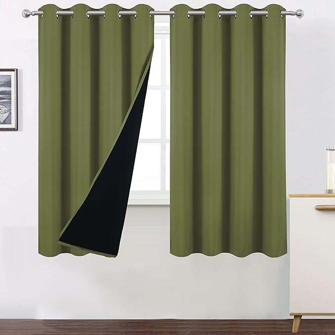 LEMOMO 100% Blackout Curtains 52 x 63 Inch/Olive Green Curtains 2 Panels with Black Lining Room Darkening Thermal Insulated Bedroom Curtains