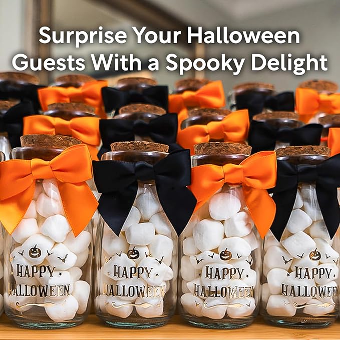 Ethisa Vintage 12 Pack Halloween Glass Jars with Ribbons and Stickers - Candy Party Favors for Trick or Treat - Halloween Party Favors and Table Centerpieces Decorations - Halloween Theme Potion Jars