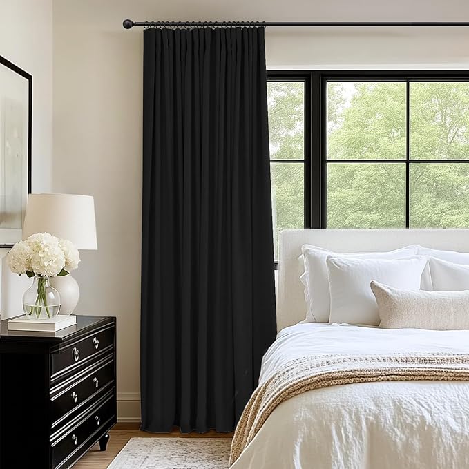 INOVADAY 100% Blackout Curtains for Bedroom, Black Out Curtains 90 Inch Long, Clip Rings Linen Blackout Drapes, Thermal Insulated Room Darkening for Living Room, 1 Panel - Black,W102xL90