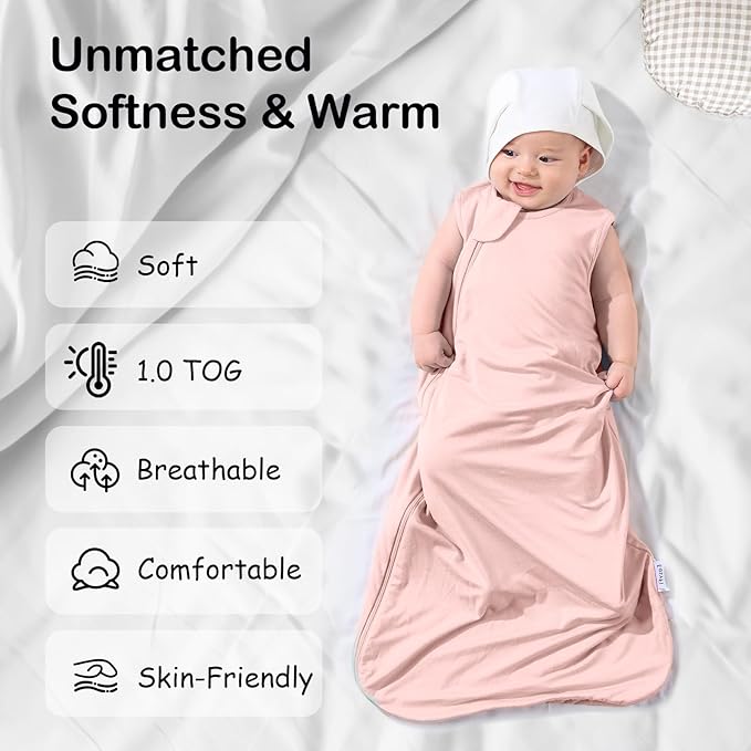 Supersoft Rayon Made from Bamboo Sleep Sack 12-18 Months 1.0 Tog Toddler Sleep Sack Baby Wearable Blanket with 2-Way Zipper Unisex Sleeping Bag for Babies All-year-around - Pink