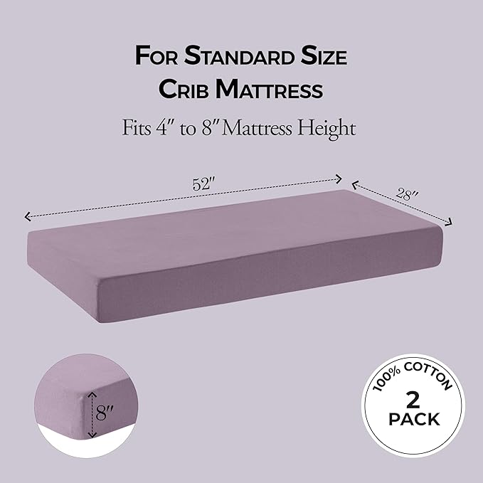 Dreamology Cotton Crib Sheets Fitted, 2 Pack, Standard Crib Sheet, Soft & Breathable,100% Jersey Cotton Crib Sheet Girls, Boys, Toddler Bed Sheets, 52x28 Crib Mattress Sheet | Purple, Pink