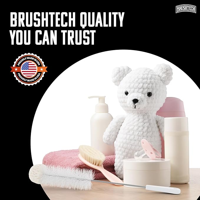 Brushtech Foam-Tipped Baby Bottle Brush, Pack of 2 - Durable & Soft Bristles & Foam Tip for Deep Bottle Cleaning - Made in USA, Cleaning Tools for Glass & Plastic Bottles