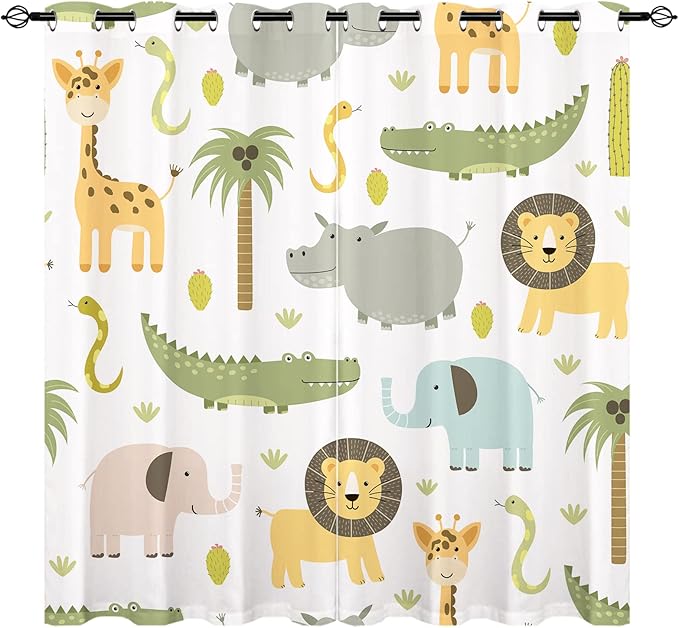 Animal Curtains W42 x L63 Inch Grommet Thermal Insulated Blackout Window Drapes Safari Hippo Crocodile Lion Elephant Giraffe Woodland Zoo Pattern for Kids Boys Girls Nursery Bedroom 2 Panels