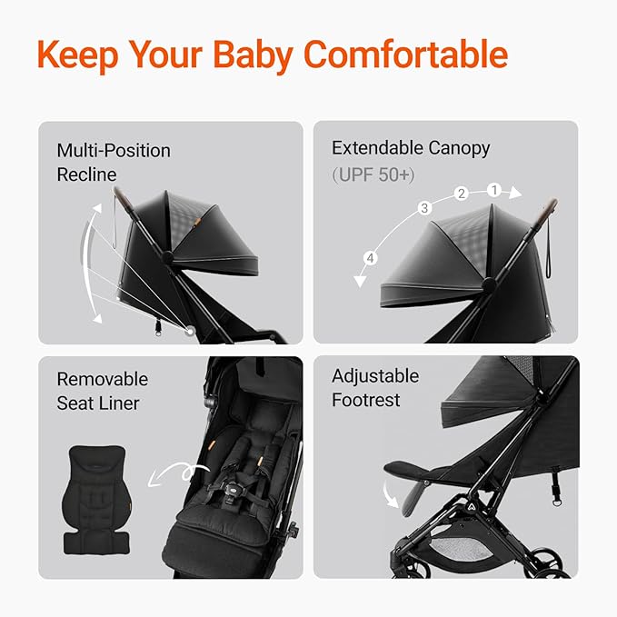 MAMAZING Lightweight Baby Travel Stroller with Carbon Fiber Frame, Compact & Airplane-Friendly, One-Handed Folding Design, 11.6 lbs, Perfect for Toddlers, Organizer & Cushion Included, Black