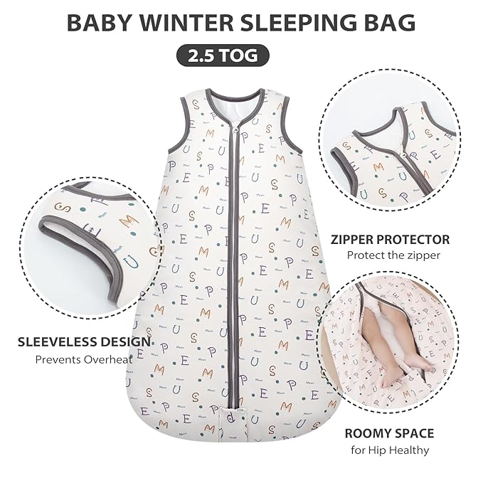 Mosebears Sleep Sack Baby Winter Wearable Blanket with 2-Way Zipper,2.5 TOG Cotton Sleep Sack Unisex (Alphabet, 12-18 Months)