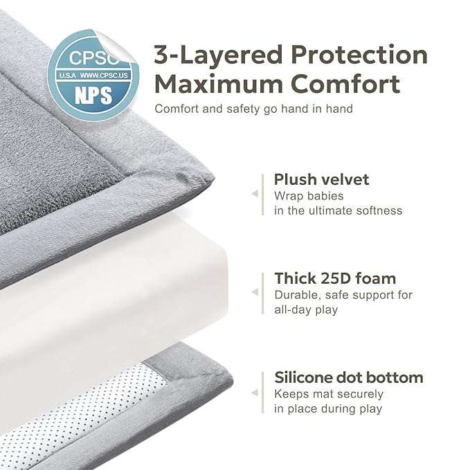 Mallify Ultra Soft 1.3" Thick Baby Play Mat for Floor, Large Velvet 71"x59" Playpen Mat, Baby-Safe & Non-Slip Tummy Time Mat, Crawling Mat for Babies, Toddlers, Infants, Kids, Easy Care, Gray